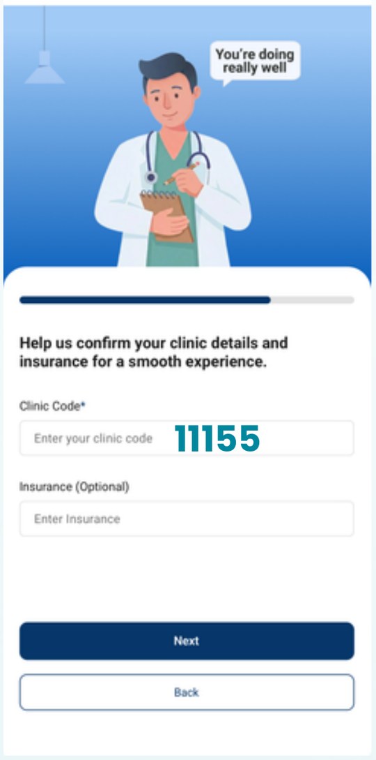 Pantalla de registro de NXTSTIM Track con el campo Clinic Code y el código 11155